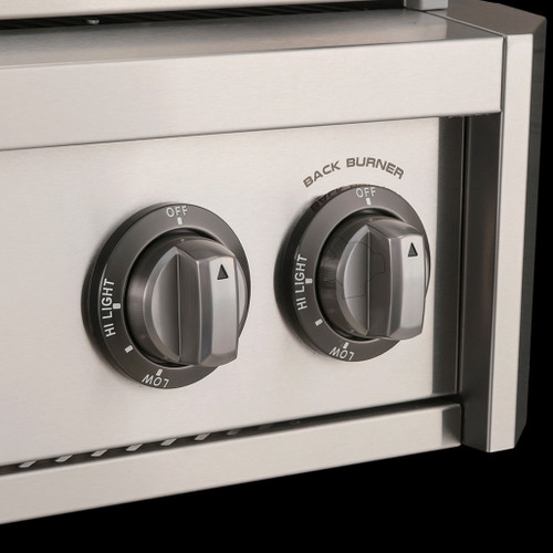 American Outdoor Grill 24" T Series Freestanding Gas Grill | Accessible Control Knobs with Die Cast Alloy Bezels in Gun Metal Finish.  Easy to use knobs accessible to all. 