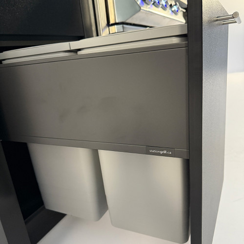 Station Grill TE36 Ready-Made Outdoor Kitchen Kit | 18’’ Cabinet with Pull-Out with garbage and recycle bins and a drawer on top.
