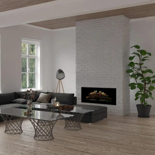 NetZero Fire E-One 100 Gen 2 Electric Fireplace | Enjoy the immersive beauty of holographic fire against sculpted logs and smoldering embers with the sustainable benefits of zero emissions, zero fossil fuels and low energy consumption.