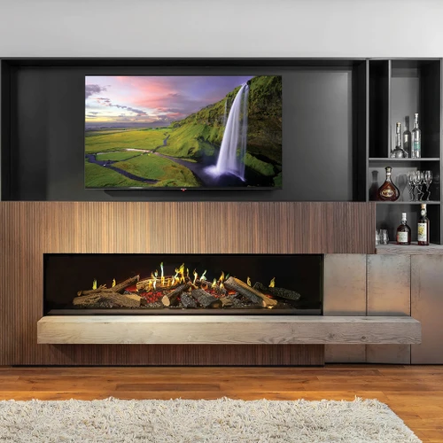 NetZero E-One 190 Gen 2 Electric Fireplace | Enjoy the immersive beauty of holographic fire against sculpted logs and smoldering embers with the sustainable benefits of zero emissions, zero fossil fuels and low energy consumption.