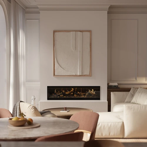 Escea LE1550 62-Inch Electric Fireplace with Logs | Escea’s innovative Flame-Map Technology projects and maps holographic flames with millimeter precision onto lifelike logs – capturing the depth, movement, and mesmerizing authenticity of a wood-burning fire.
