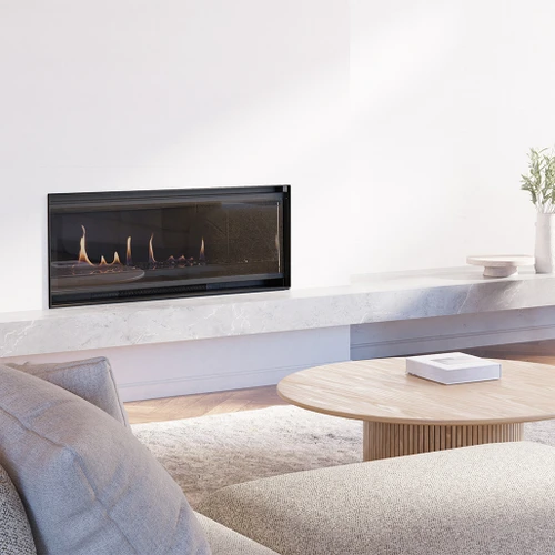 Escea LR1000 40-Inch Electric Fireplace with Black Glass | A layer of crushed black glass delivers an ultra-modern look, creating striking contrast and subtle reflections that enhance depth and impact.
