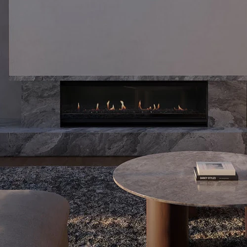 Escea LR1250 50-Inch Electric Fireplace with Black Glass | Patent-pending holographic technology creates an unmistakably realistic linear flame with natural movement, colour, and depth.