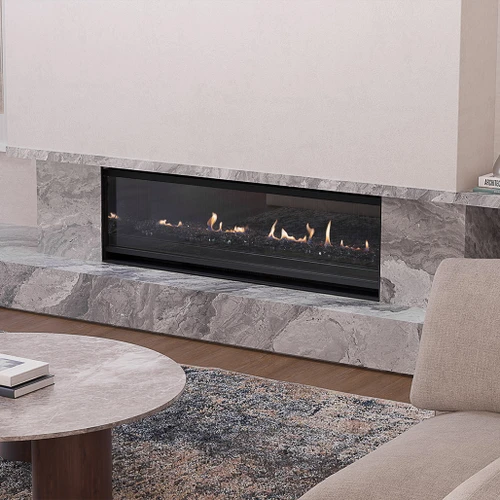 Escea LR1250 50-Inch Electric Fireplace with Black Glass | Its sleek, streamlined design with installation flexibility allows the LR Series to integrate effortlessly into contemporary interiors. Place it anywhere and surround in any material, for complete design freedom.