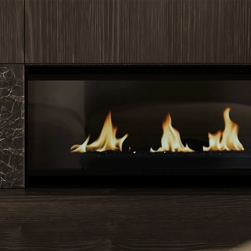 Escea LR1550 62-Inch Electric Fireplace with Black Glass | Available in two heat output options to suit your space — 5,100 or 10,200 BTU/hr — then enjoy consistent, thermostat-controlled warmth, or switch to flame-only mode.