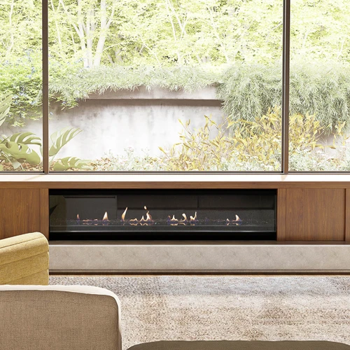 Escea LR1750 70-Inch Electric Fireplace with Black Glass | A layer of crushed black glass delivers an ultra-modern look, creating striking contrast and subtle reflections that enhance depth and impact.