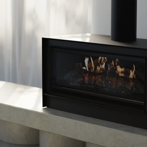 Escea LE1000 40-Inch Freestanding Electric Fireplace | Individually crafted, then cast and hand-painted with meticulous detail, each log rests on a bed of glowing embers illuminated by LED lights that synchronise perfectly with the flame pattern.
