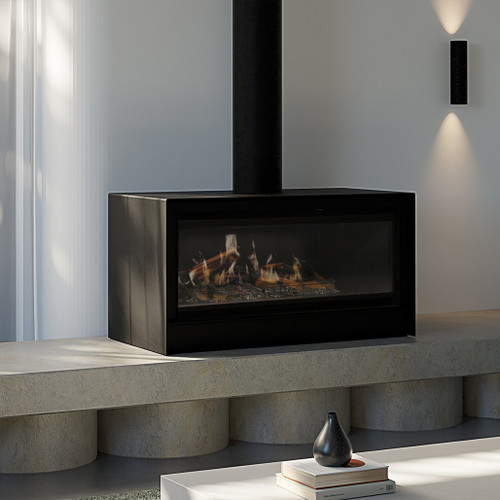 Escea LE1000 40-Inch Freestanding Electric Fireplace | Featuring cool-touch glass for safety and peace of mind, this fireplace is family-friendly and safe for little hands and paws.