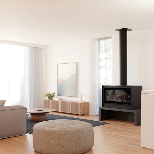 Escea LE800 32-Inch Freestanding Electric Fireplace | Available in two heat output options to suit your space — 5,100 or 10,200 BTU/hr — then enjoy consistent, thermostat-controlled warmth, or switch to flame-only mode.