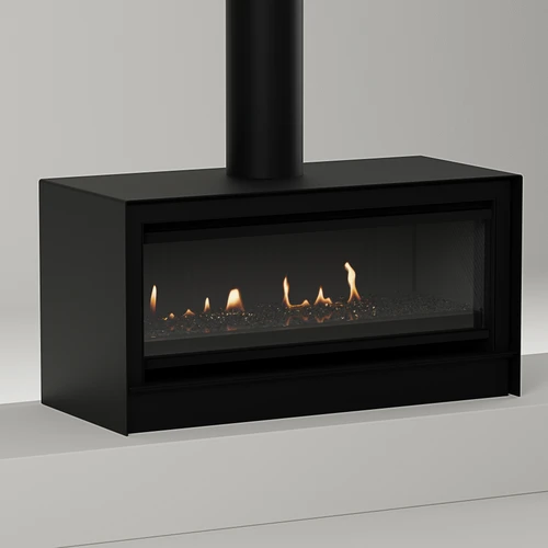 Escea LR1000 40-Inch Freestanding Electric Fireplace | A pure, uninterrupted ribbon of flame flickers over a bed of black glass – a combination that creates striking contrast and dramatic flame display.