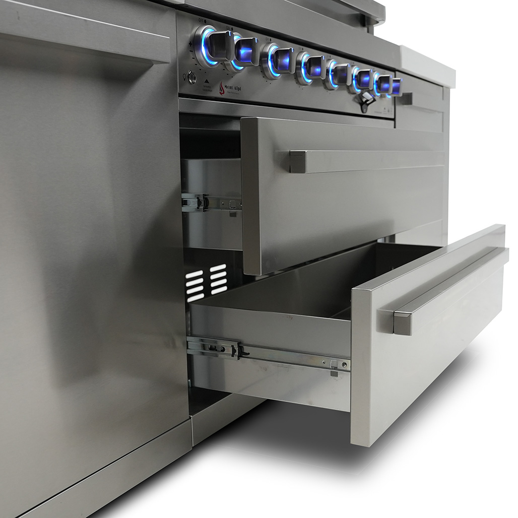 Mont Alpi 805 Outdoor Kitchen Gas Grill Island | Large roller ball drawers