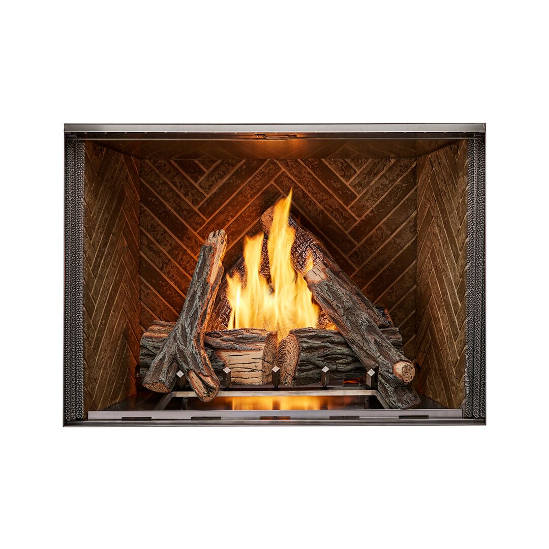 Majestic Courtyard 42" Outdoor Gas Fireplace | Choose from stainless steel, traditional or herringbone brick interior panels to fit your style.