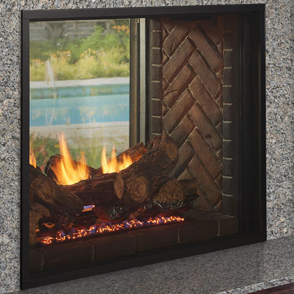 Majestic Fortress See Through Indoor/Outdoor Gas Fireplace | Accent lighting enhances the effect of the flame and illuminates the fireplace interior. Enjoy the ambiance, with or without the fire.
