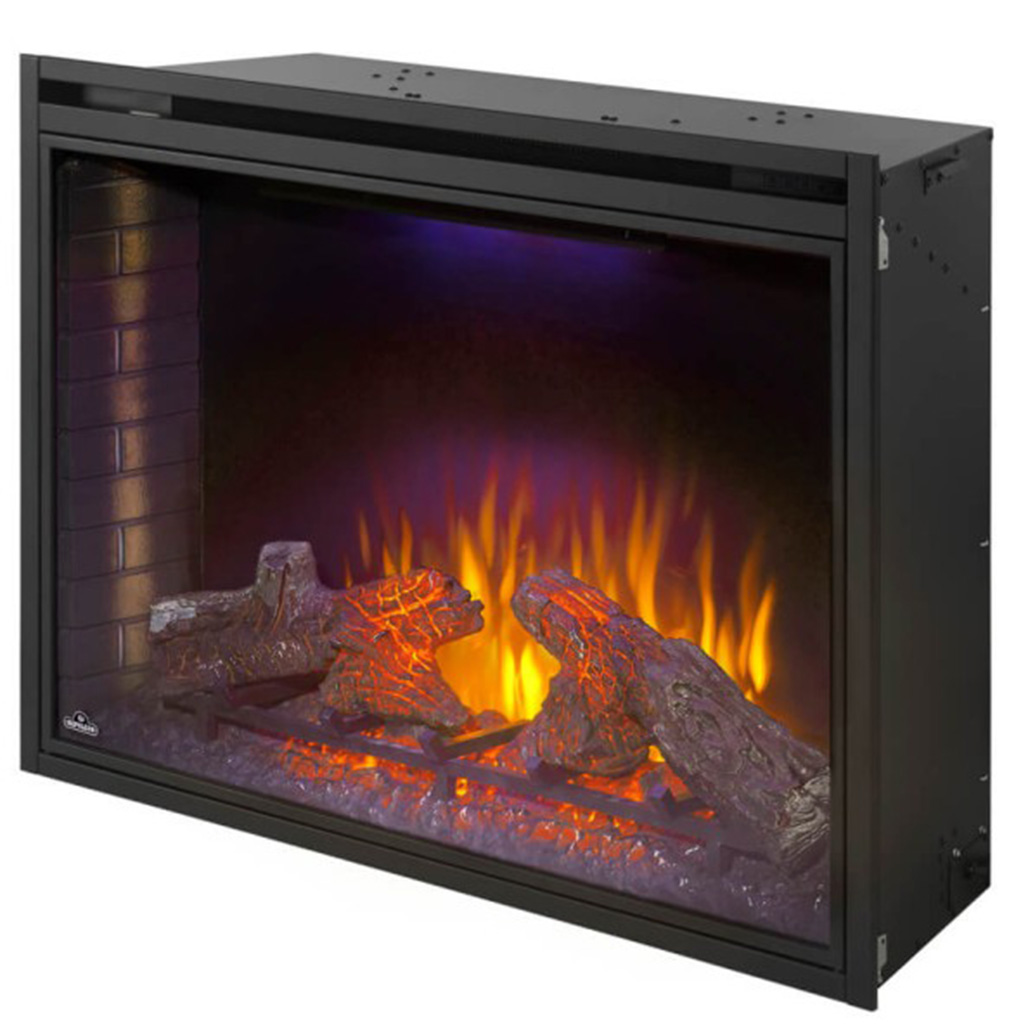 Napoleon Ascent 40" Built-In Electric Fireplace | Get the look of a real fire with a modulating ember bed and logs that simulate a wood burning fireplace that you would be very happy to curl up in front of