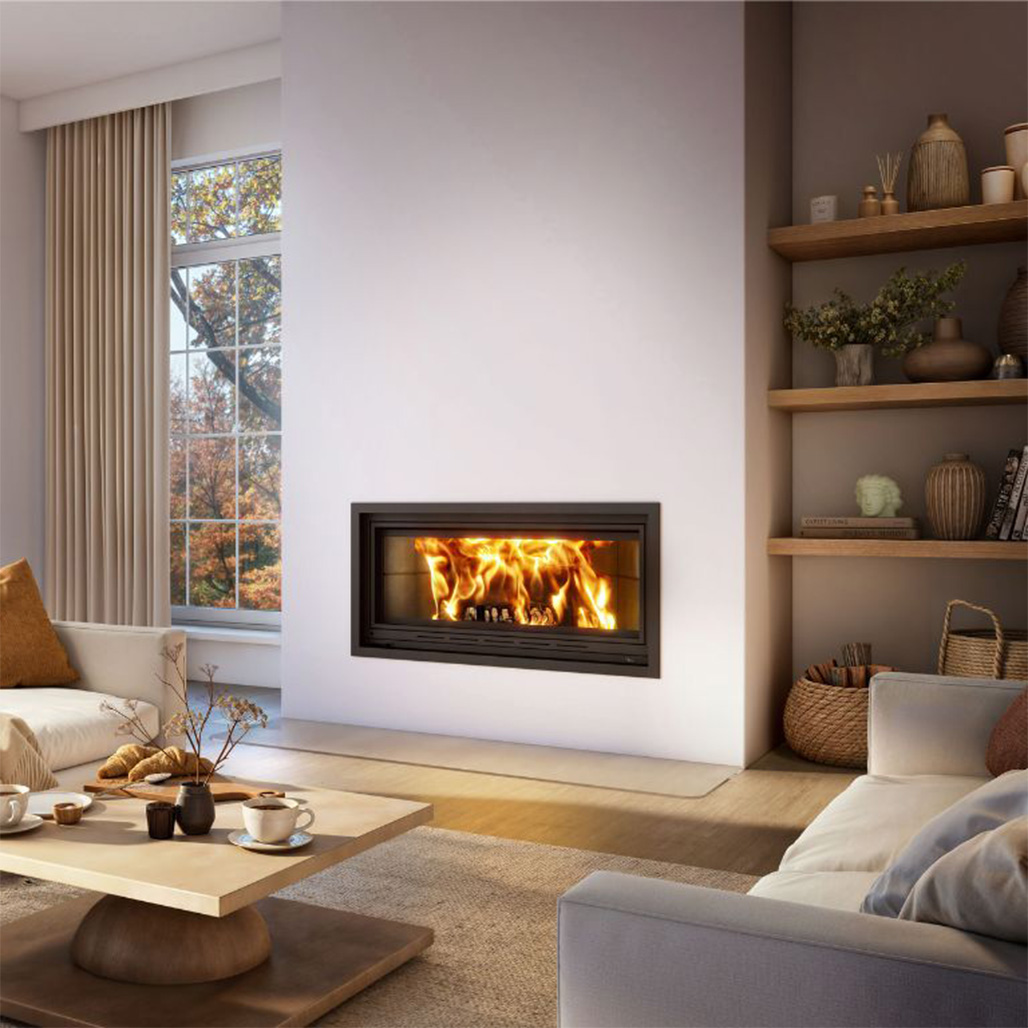 Valcourt Saint Laurent Linear Wood Burning Fireplace | The elongated rectangular shape of the Saint-Laurent adds a modern and elegant touch to any interior