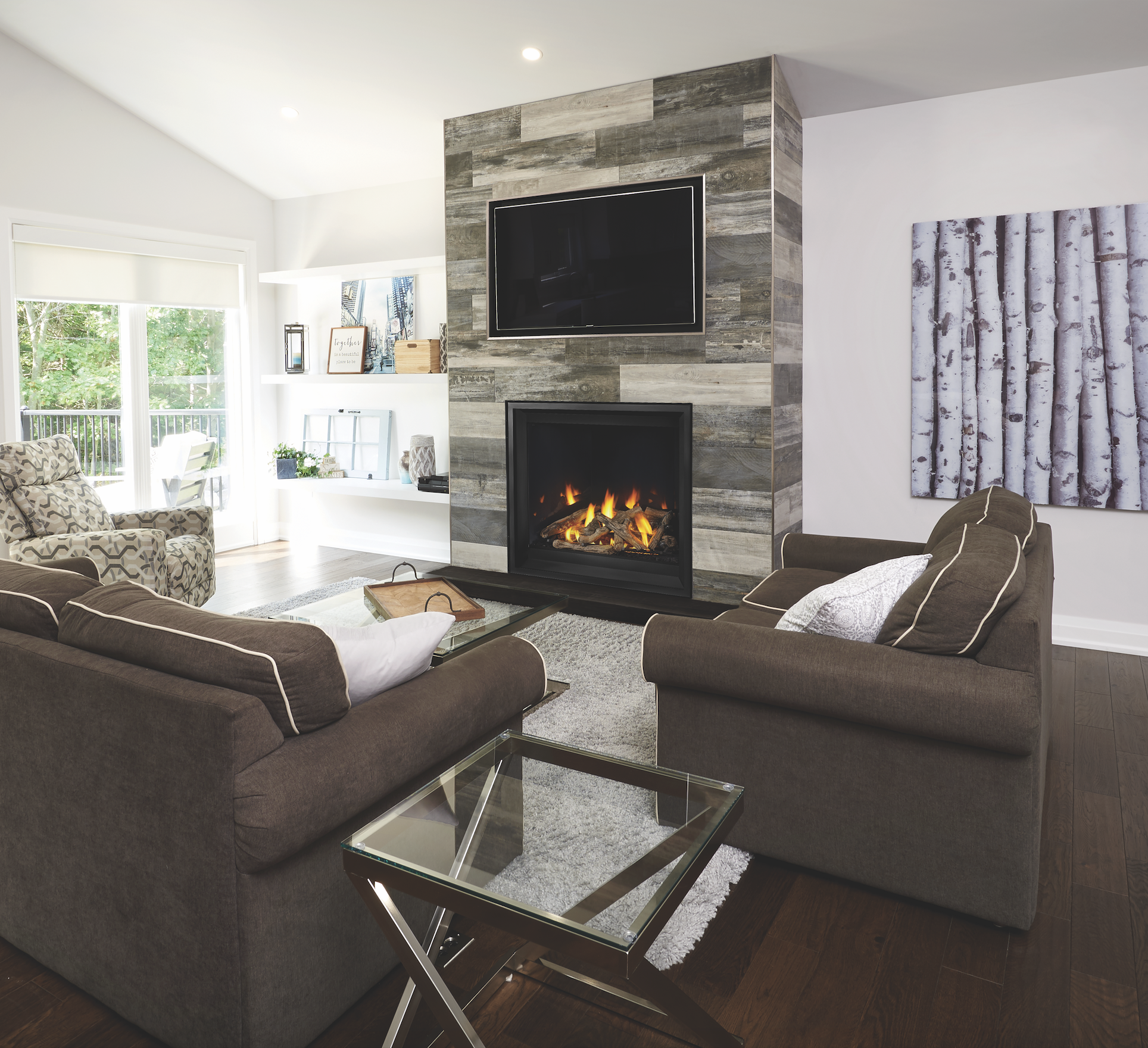 Napoleon Altitude X 42" Direct Vent Gas Fireplace | Seven decorative brick kits include MIRRO-FLAME Porcelain Reflective Radiant Panels, Black Illusion Glass, Westminster Standard and Herringbone, and Newport Standard