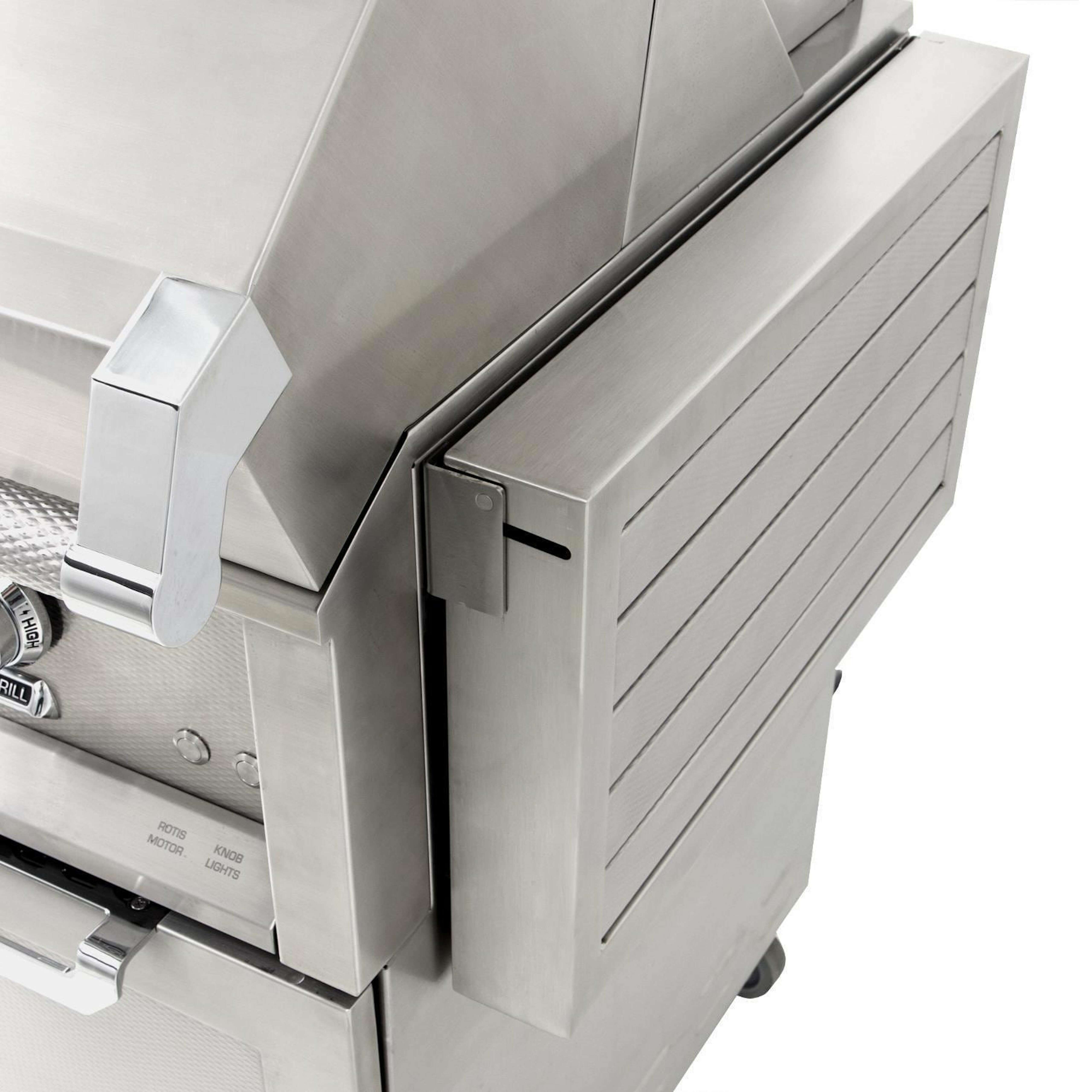 Hestan 30" Gas Grill with Tower Cart - GCD Series | Fold-down side shelves provide stainless steel work surface for food prep.