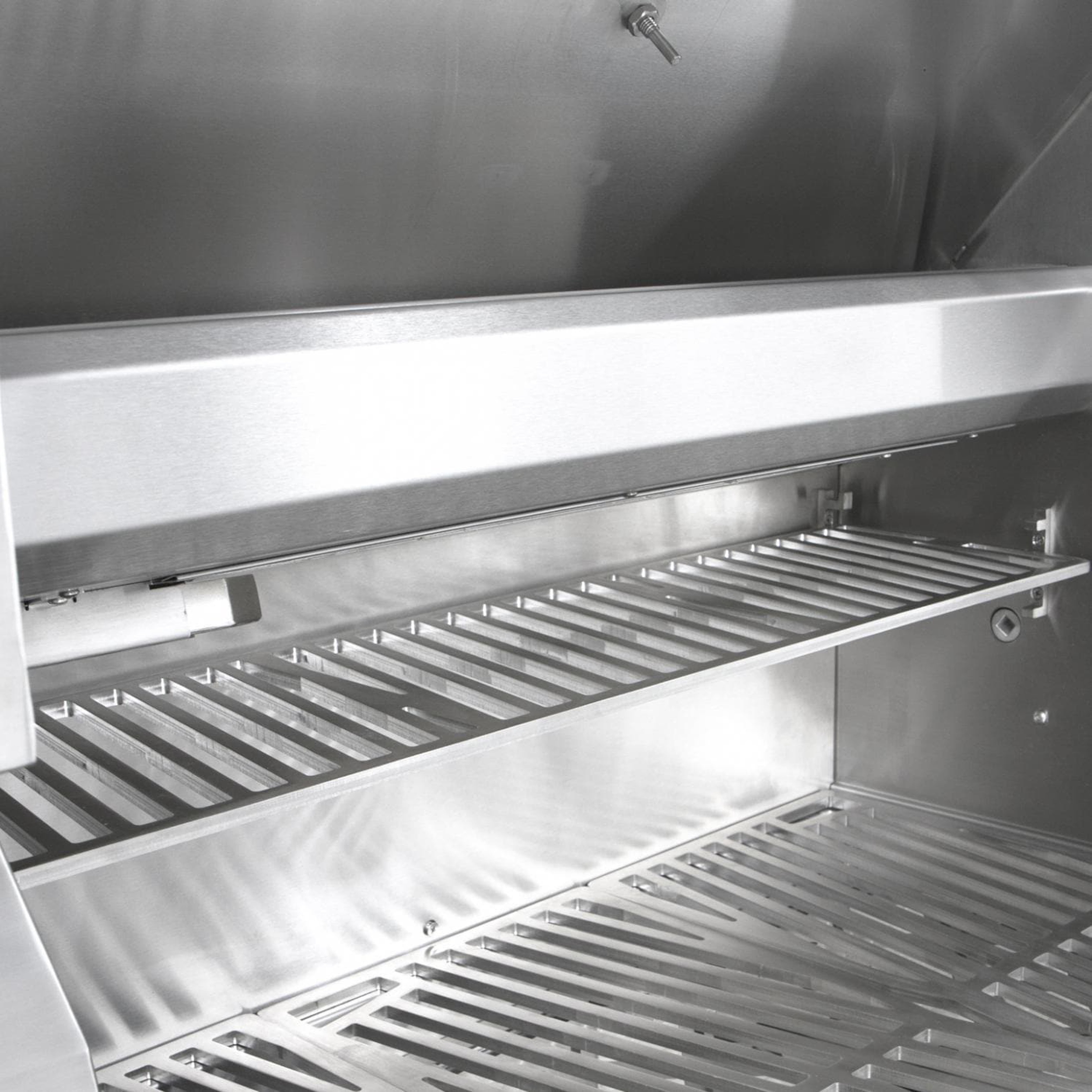 Hestan 36" Gas Grill with Tower Cart - GCD Series | Patented stainless steel DiamondCutTM warming rack is lasered in-house with three vertical positions and offers concealed storage when not in use.