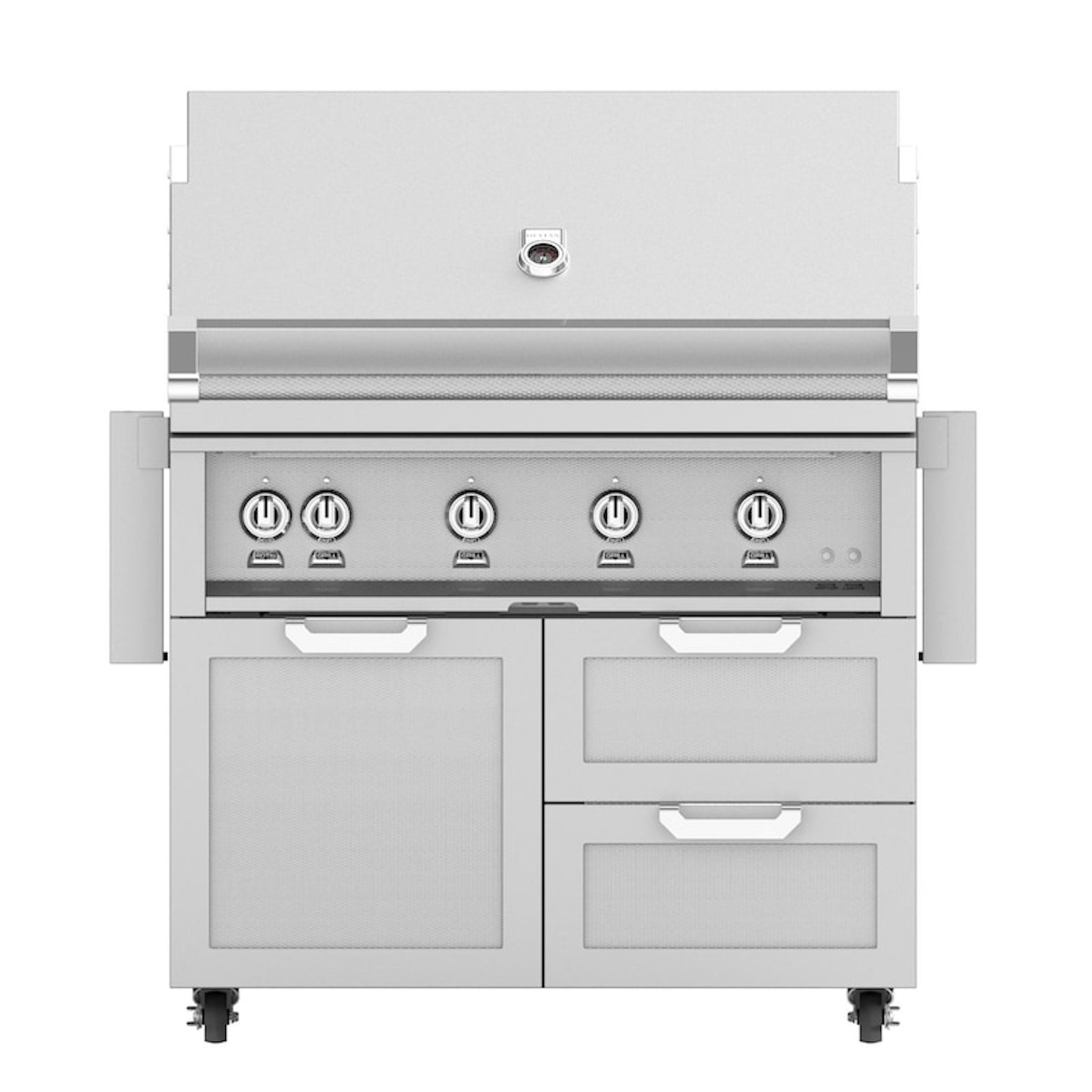 Hestan 42" Gas Grill with Tower Cart - GCD Series | Patented Marquise Accented™ control panel and hood handle with commercial-grade end caps.