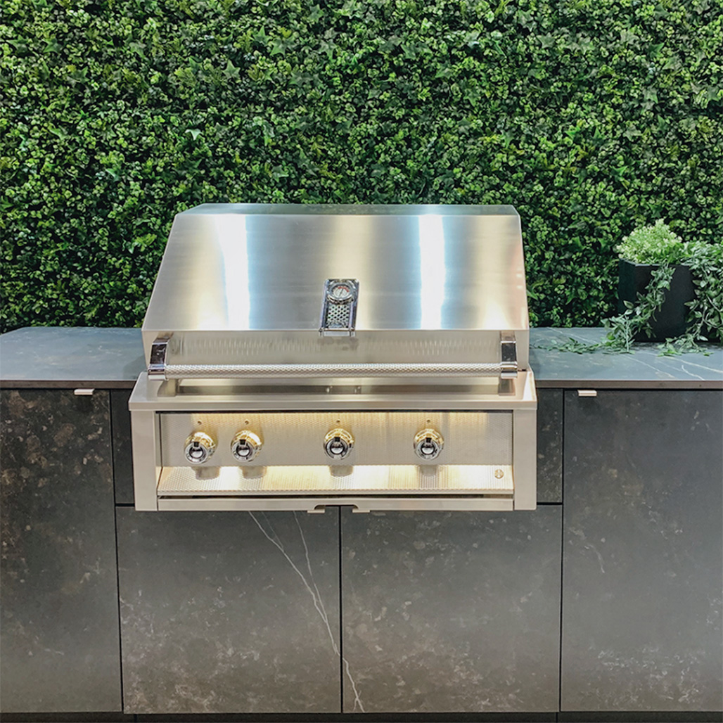 Aspire by Hestan 36" Built-In Gas Grill | Patented Marquise Accented™ control panel and hood handle with commercial-grade end caps provide industry-exclusive durability and style.