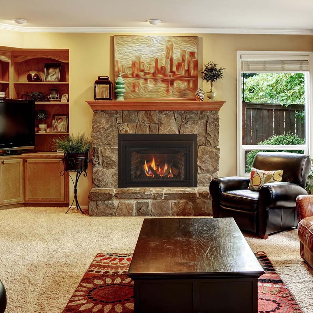 Majestic Ruby 25" Direct Vent Gas Insert with IntelliFire Plus Ignition System | A traditional fireplace can be completely changed to a brilliant glass firebed and driftwood logs