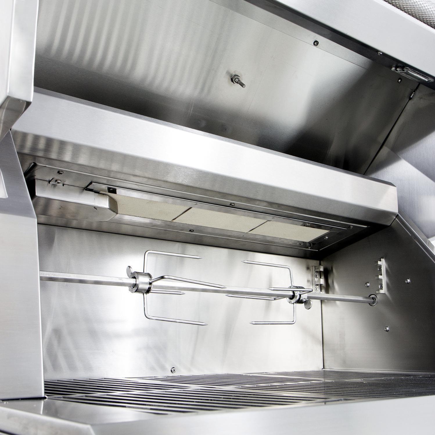 Hestan 36" Gas Grill with Deluxe Cart | Concealed whisper-quiet rotisserie motor system features a chain-driven, single-speed, 6 rpm, 50 in-lbs motor.