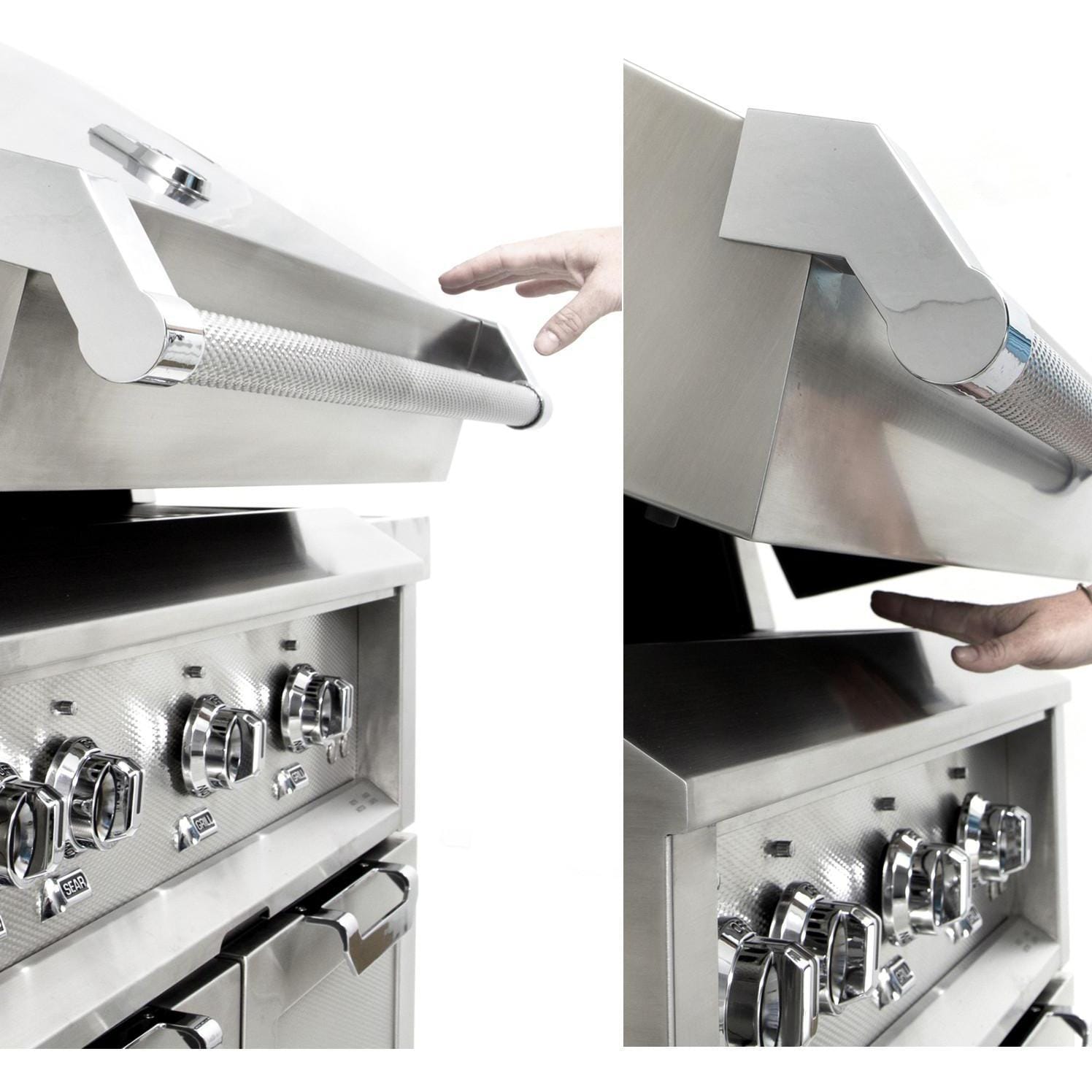 Hestan 36" Gas Grill with Deluxe Cart | Patented heavy-duty Horizon Hood opens easily with spring-assisted hinges and holds place at desired height for easy access.