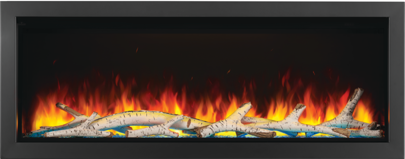 Napoleon Astound 62" Built-In Electric Fireplace | Unique flip-down style glass allows easy access to change up the included Driftwood logs and Woodland media kit to your hearts content