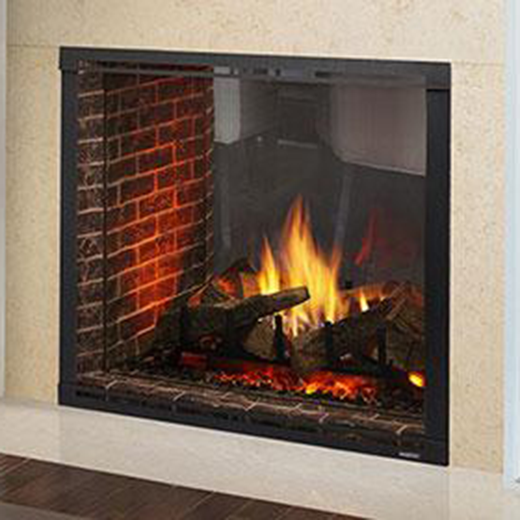 Majestic Marquis II 42" See-Through Direct Vent Gas Fireplace | Watch the scene unfold with an expansive view of the flames as they wrap around split logs