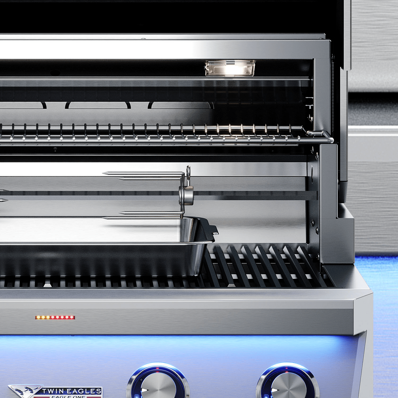 Twin Eagles 42" Eagle One Super Premium Freestanding Gas Grill | Beautiful black glass encased infrared rotisserie’s burner(s) disperses heat in wide range, great for large roast or poultry on the rotisserie