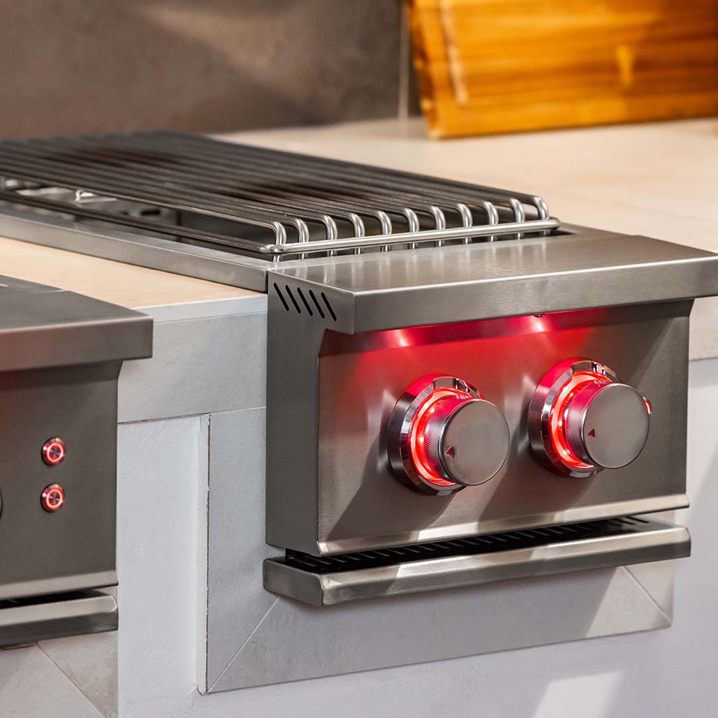 TrueFlame Double Side Burner | Exterior Lighting Behind Each Knob Indicating On/Off Burner State