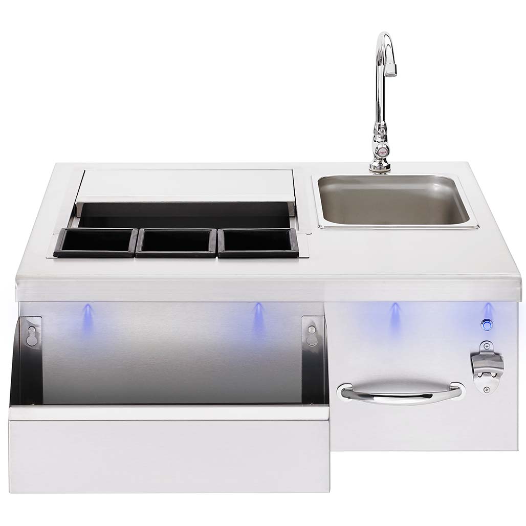 TrueFlame 30" Beverage & Prep Station with LED Lights | Skillfully designed as a built-in unit for existing outdoor kitchen countertops, this stainless steel marvel combines a sink, ice chest, and dedicated storage