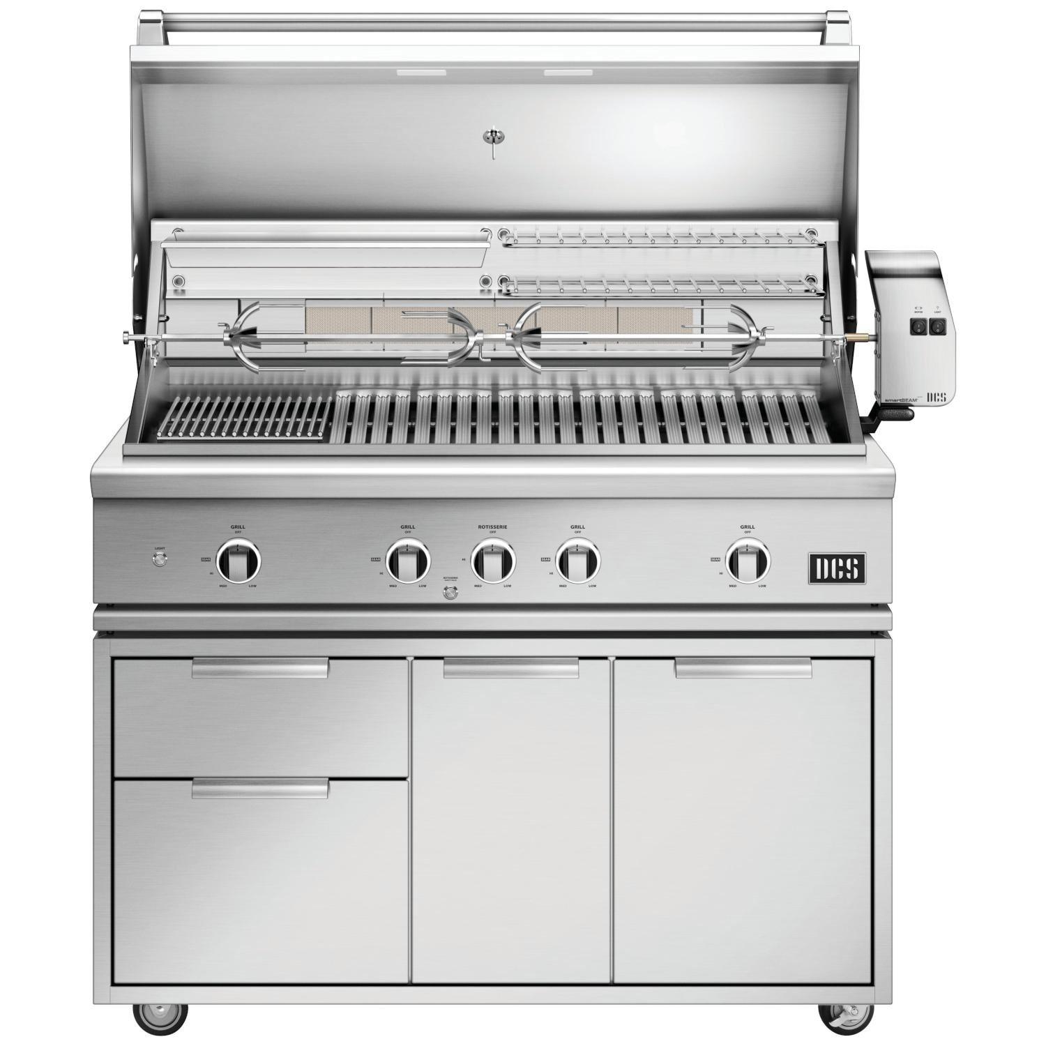 DCS 48" Series 9 Freestanding Gas Grill | Intuitive lighting with bright in-hood lights and bezel lit control dials
