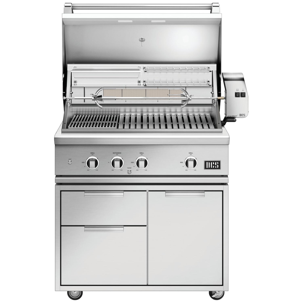 DCS 36" Series 9 Freestanding Gas Grill | Heavy duty rotisserie can easily support 50 pounds and features a Smart Beam grill light