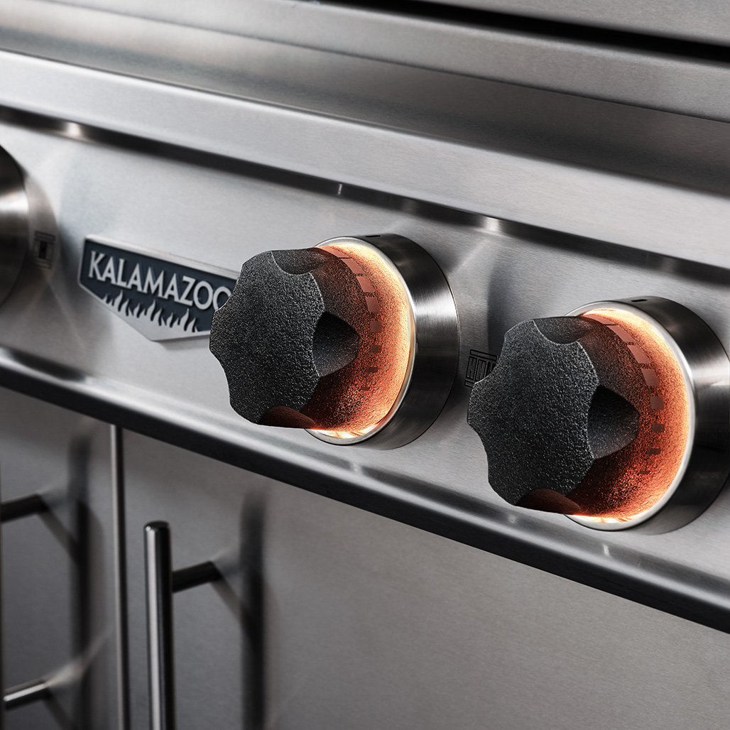 Kalamazoo K1000 Freestanding Hybrid Fire Grill | Electronic control bezels with flame sensor LED indicators