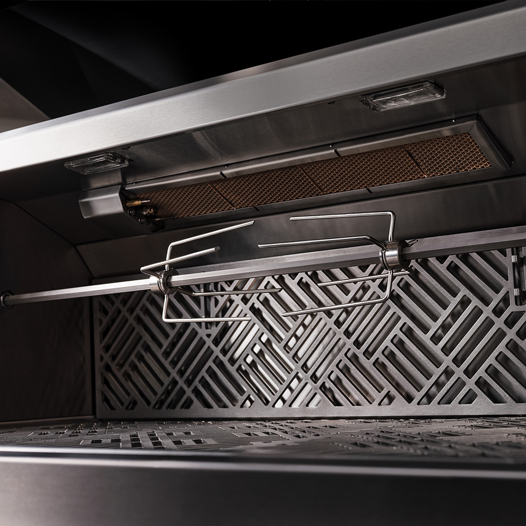 Kalamazoo K54 Echo Built-In Gas Grill | Rotisserie system with infrared burner; motor mounted in chassis