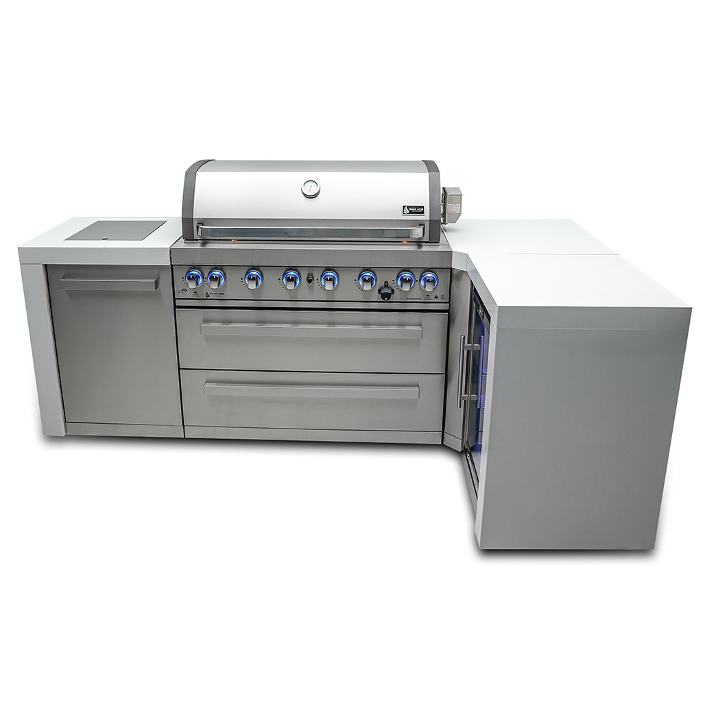 Mont Alpi 6-Burner Deluxe Island with a 90-Degree Corner and a Fridge Cabinet | 90-degree corner cart - 23"x25"x35"