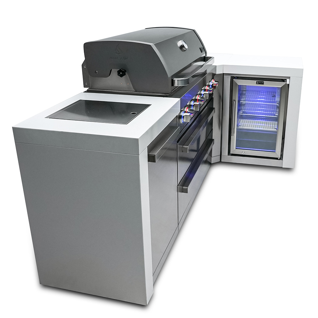 Mont Alpi 6-Burner Deluxe Island with a 90-Degree Corner and a Fridge Cabinet | Outdoor rated, lockable fridge - 25"x23"x35"