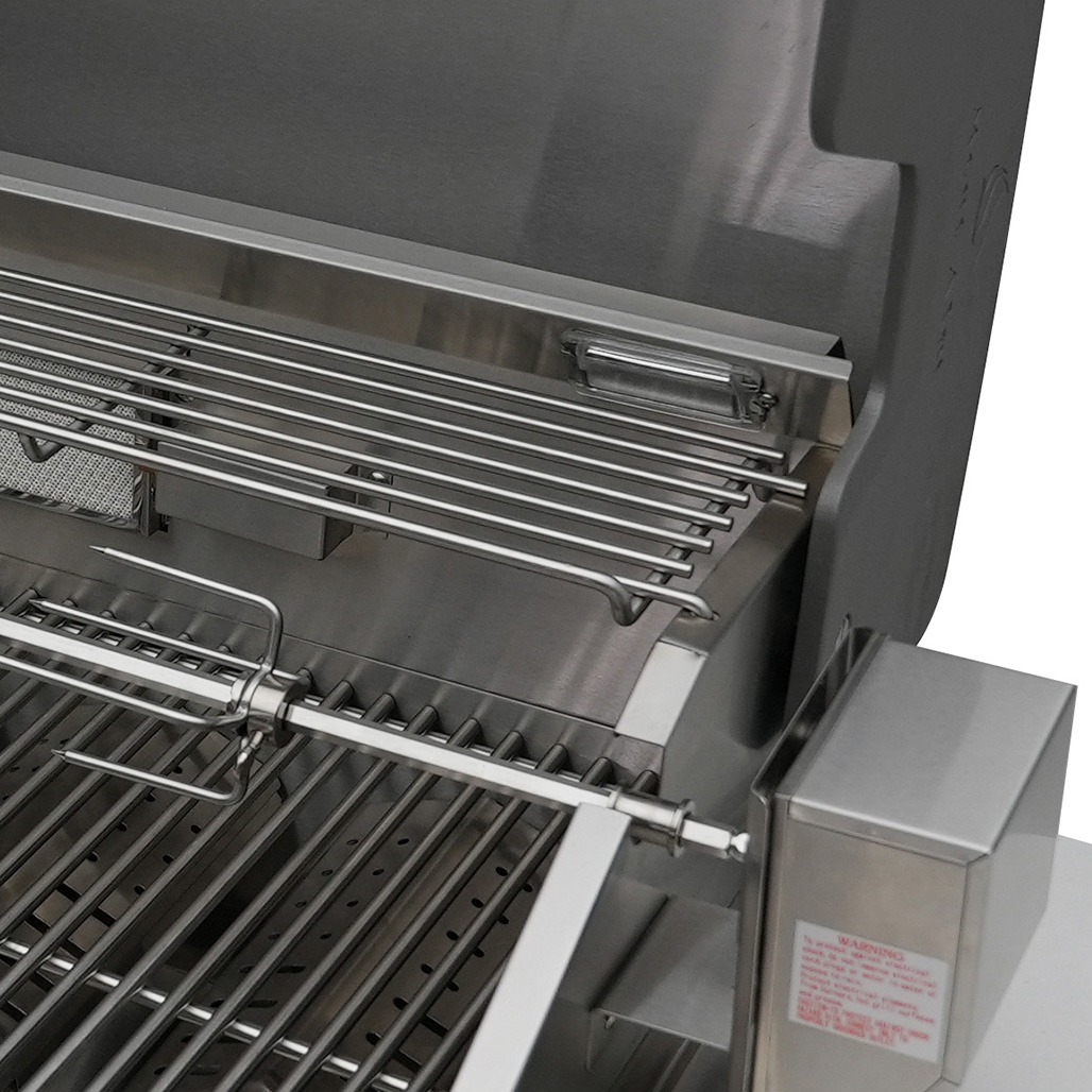 Mont Alpi 6-Burner Deluxe Island with a 90-Degree Corner and a Fridge Cabinet | Rotisserie kit with electric motor