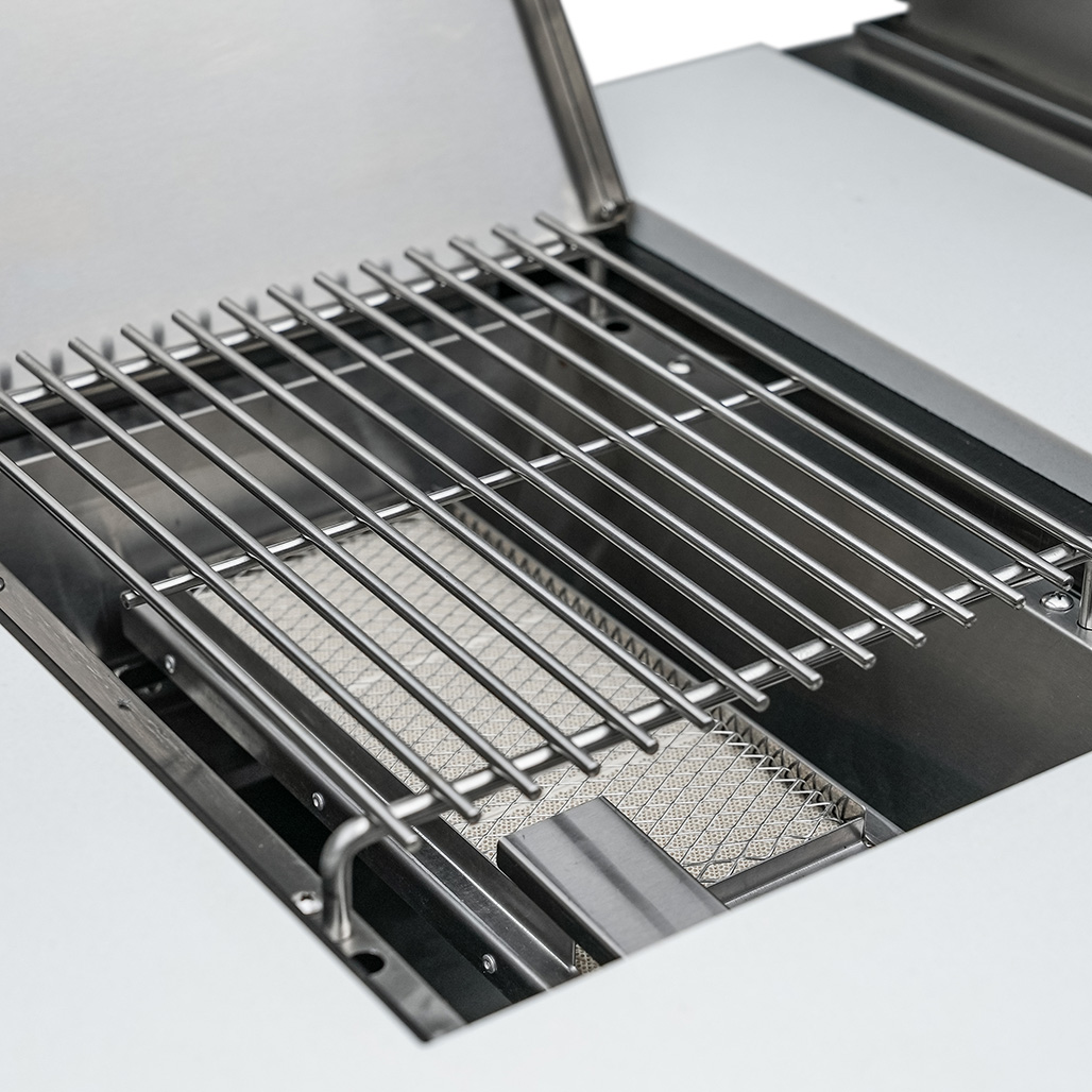 Mont Alpi 6-Burner Deluxe Island with a 90-Degree Corner and a Fridge Cabinet | Infrared Side Burner