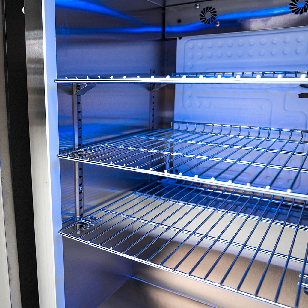 Mont Alpi 6-Burner Deluxe Island with a 90-Degree Corner and a Fridge Cabinet | The fridge cabinet is perfect for storing drinks and food,