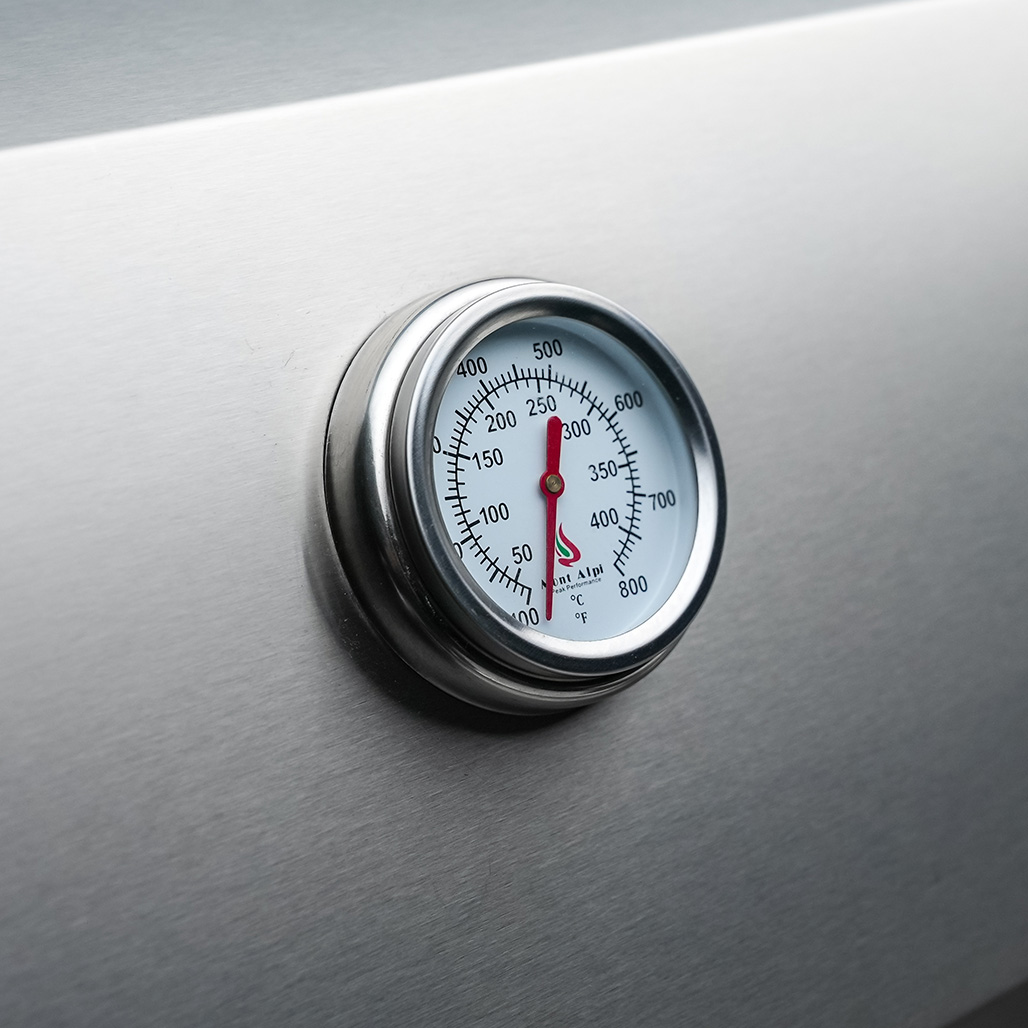 Mont Alpi 6-Burner Deluxe Island with a 90-Degree Corner, Beverage Center and Fridge Cabinet | Temperature gauge