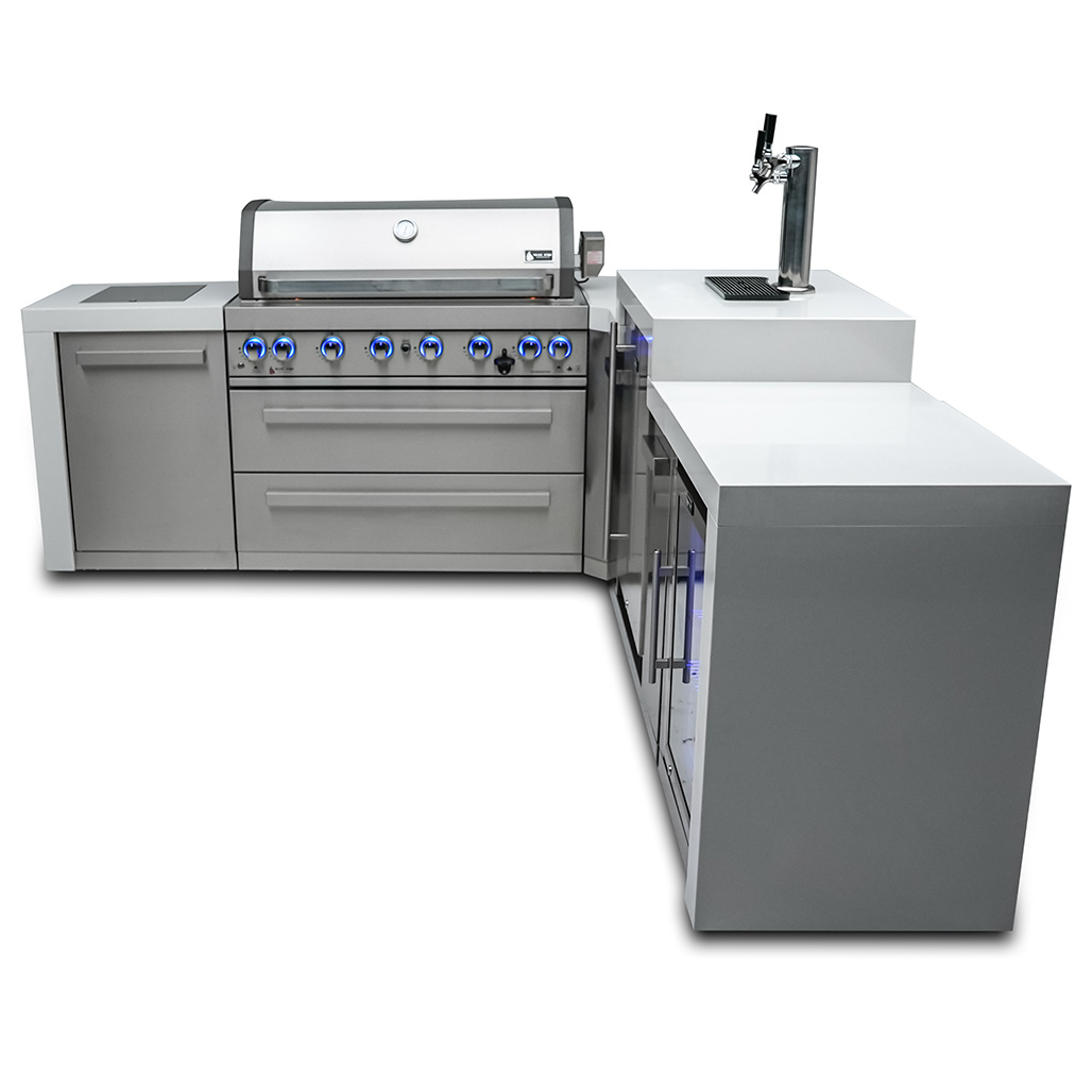 Mont Alpi 6-Burner Deluxe Island with 90-Degree Corner, Kegerator and Fridge Cabinet | 4-burner grill unit - 32"x23"x47"