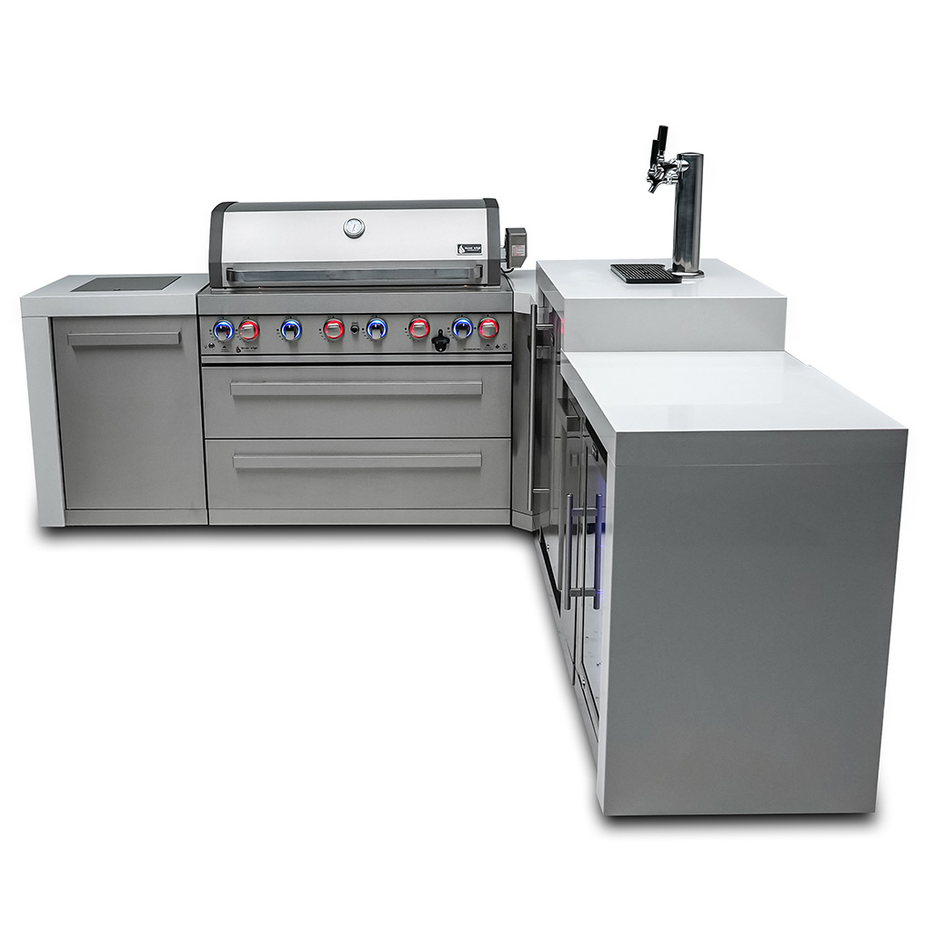 Mont Alpi 6-Burner Deluxe Island with 90-Degree Corner, Kegerator and Fridge Cabinet | Outdoor-rated, lockable fridge - 25"x23"x35"