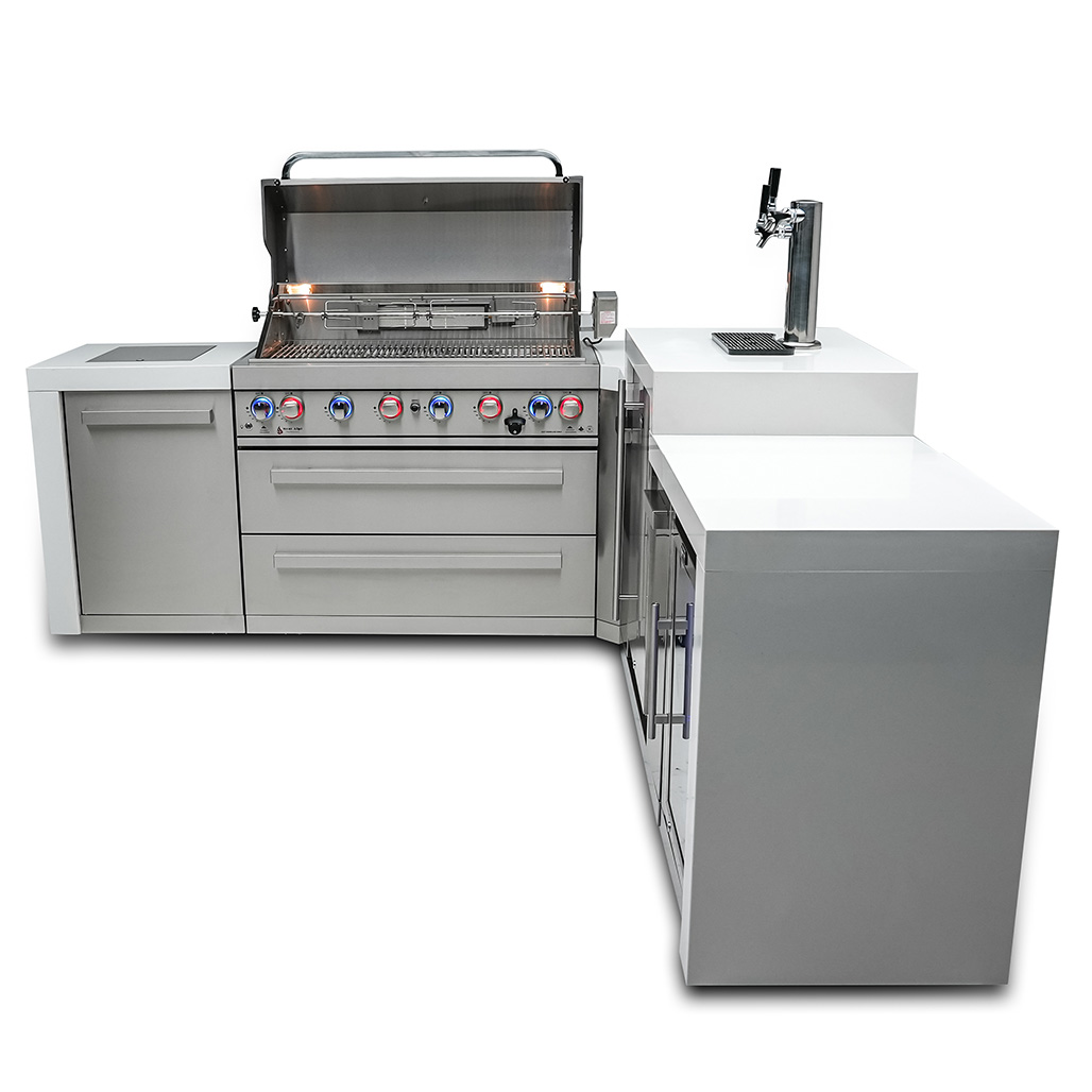Mont Alpi 6-Burner Deluxe Island with 90-Degree Corner, Kegerator and Fridge Cabinet | Two Cooking Surface Halogen Lights