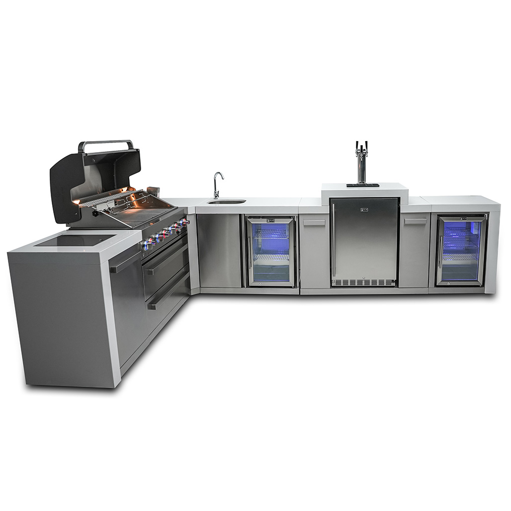 Mont Alpi 6-Burner Deluxe Island with 90-Degree Corner, Kegerator, Beverage Center and Fridge Cabinet | Kegerator - 48"x23"x35"