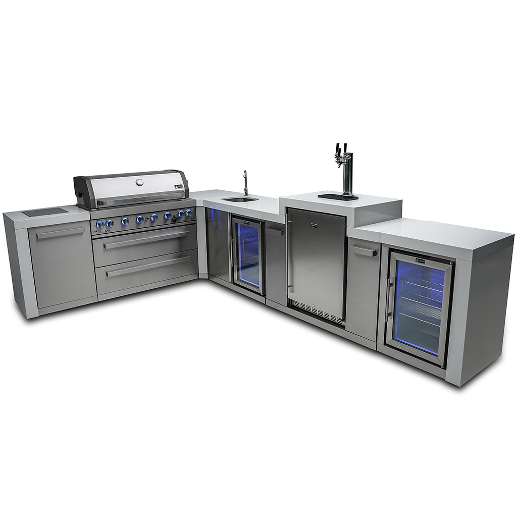 Mont Alpi 6-Burner Deluxe Island with 90-Degree Corner, Kegerator, Beverage Center and Fridge Cabinet | 90-degree corner cart - 23"x25"x35"