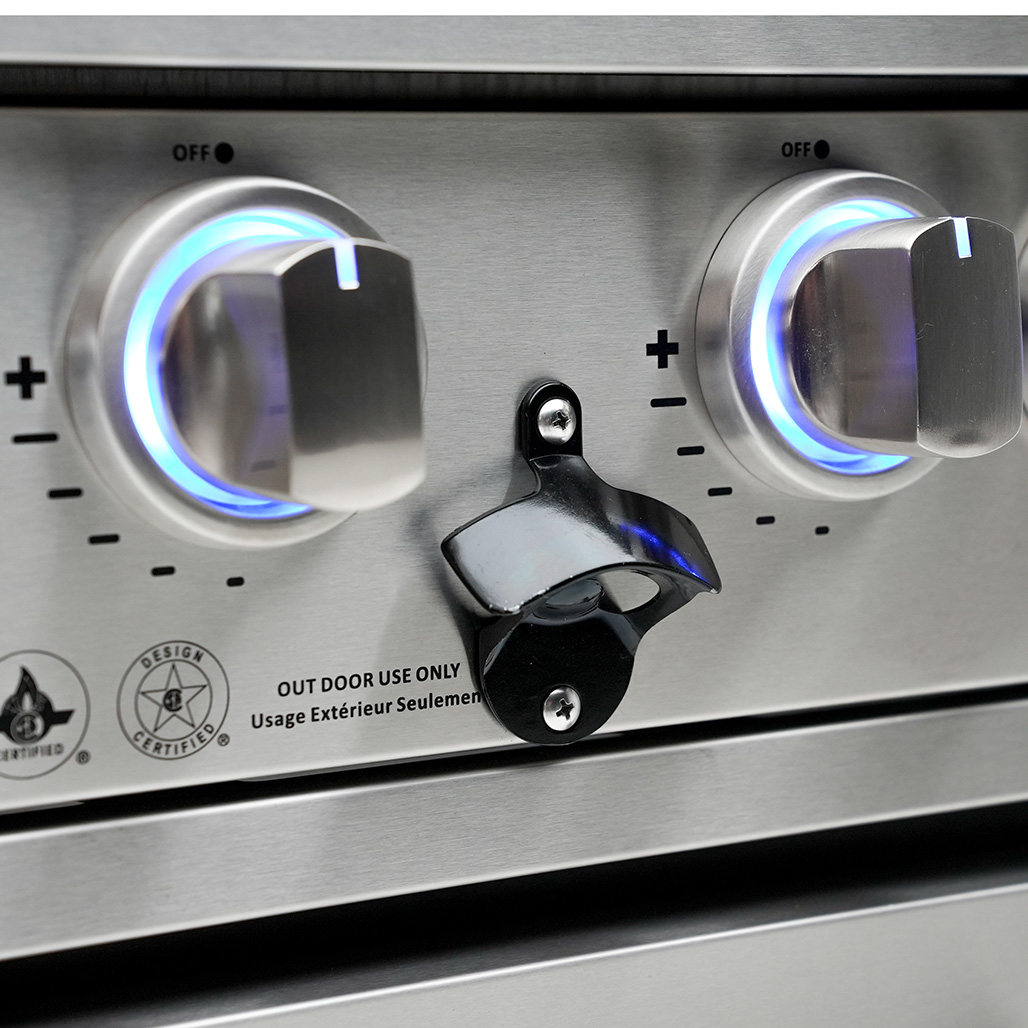 Mont Alpi 4-Burner Deluxe Island with a Kegerator, Beverage Center and Fridge Cabinet | On/Off red/blue changing color control knob lights