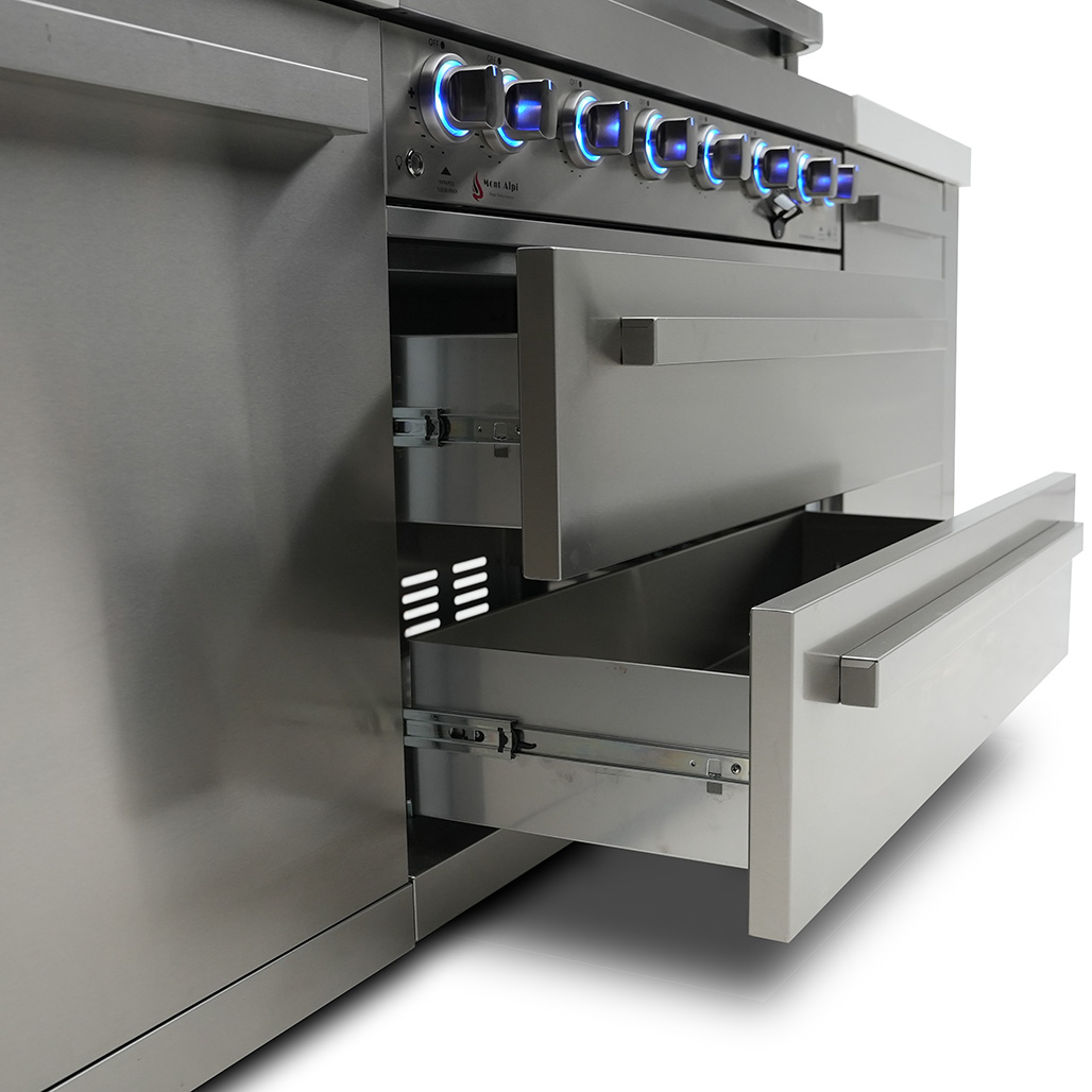 Mont Alpi 6-Burner Island with a 90-Degree Corner and Beverage Center | On/Off red/blue changing color control knob lights