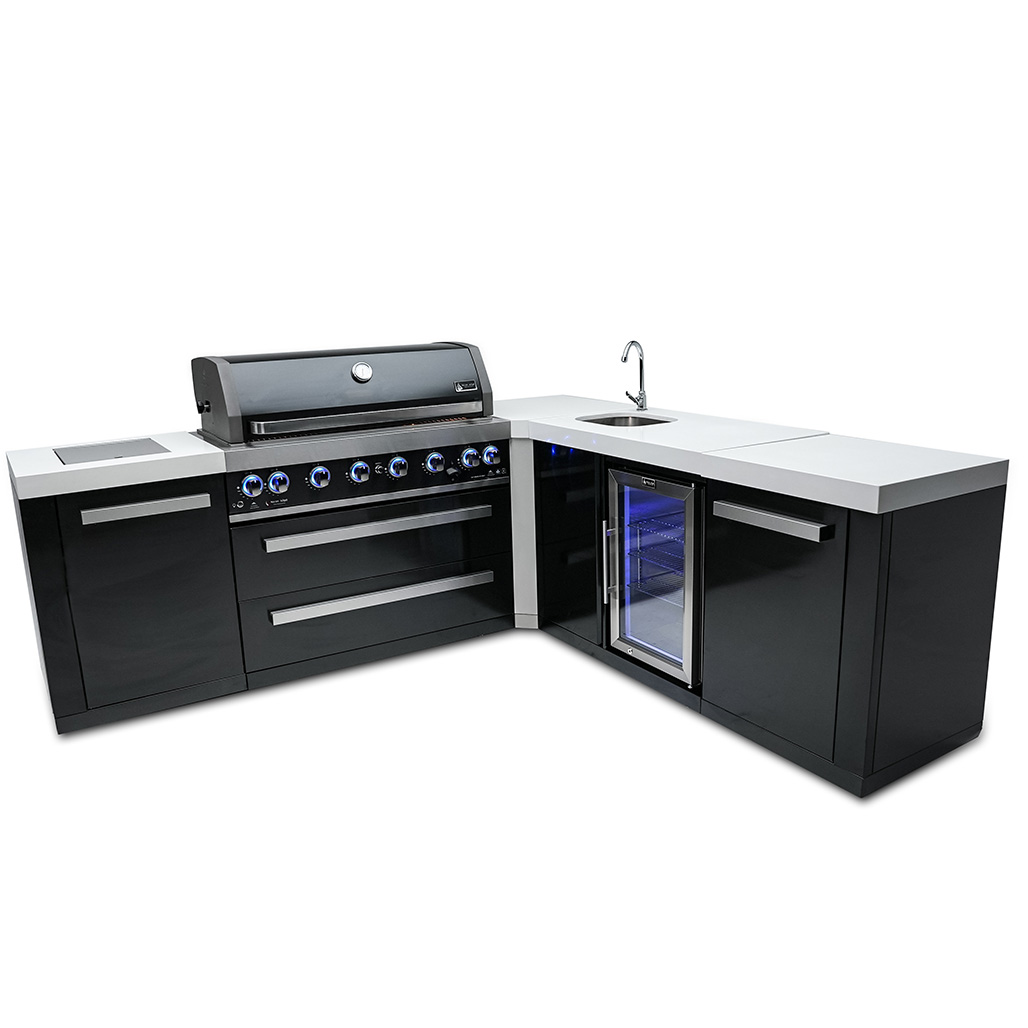 Mont Alpi 805 Black Stainless Steel Island with a 90-Degree Corner and Beverage Center | Grill unit - 43"x23"x47"